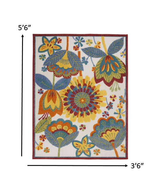 4' X 6' Yellow And Ivory Floral Indoor Outdoor Area Rug