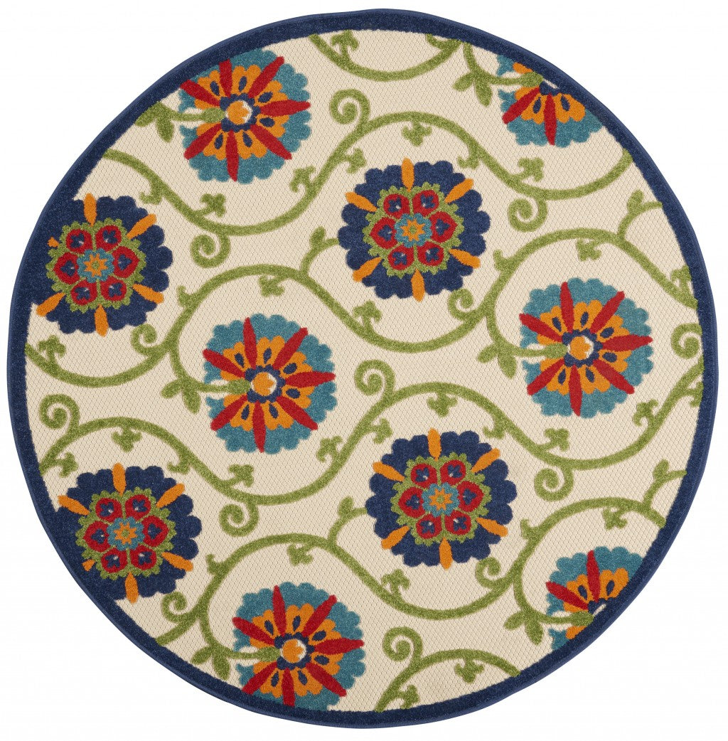 5' Round Ivory And Blue Round Floral Indoor Outdoor Area Rug