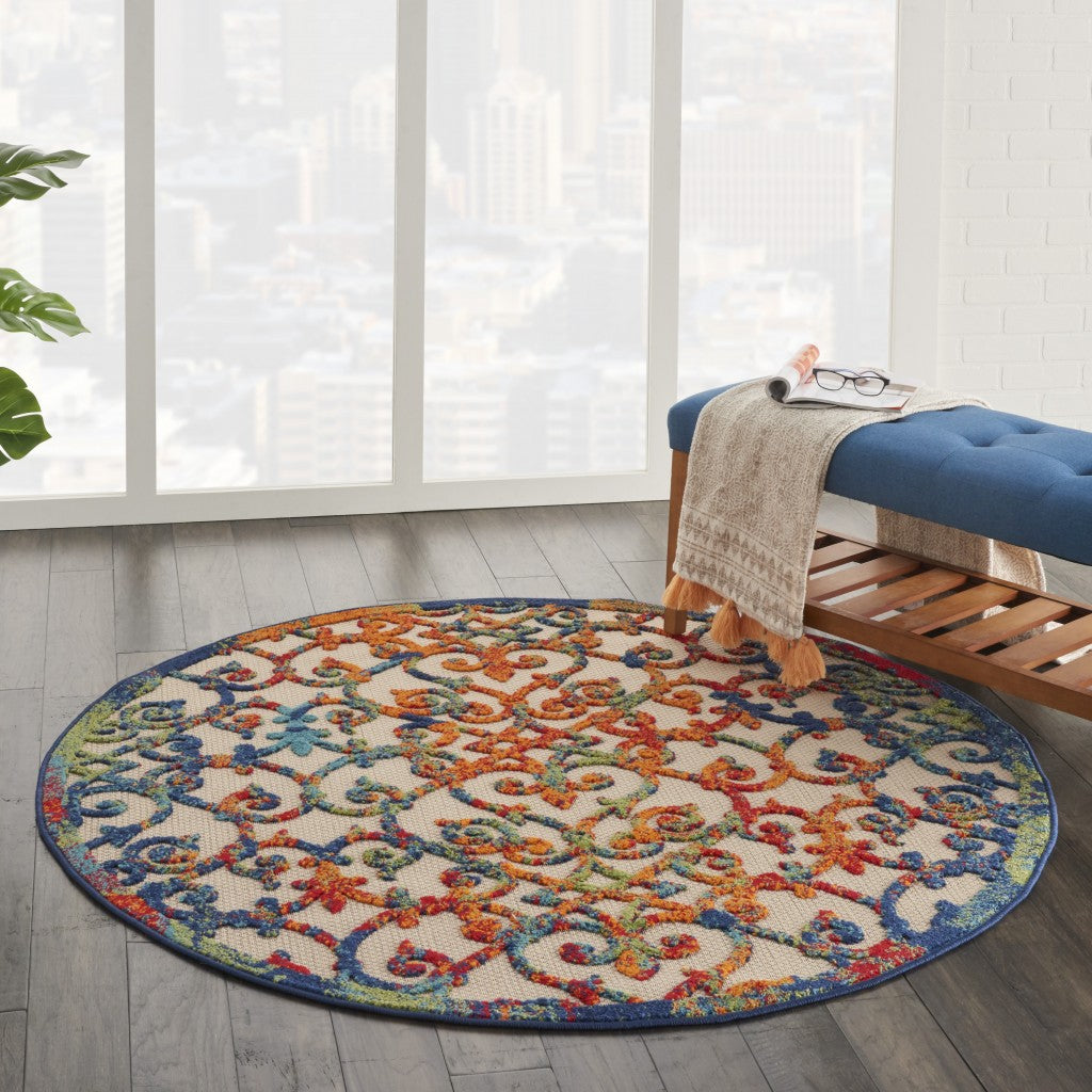 4' Round Ivory And Blue Round Floral Indoor Outdoor Area Rug