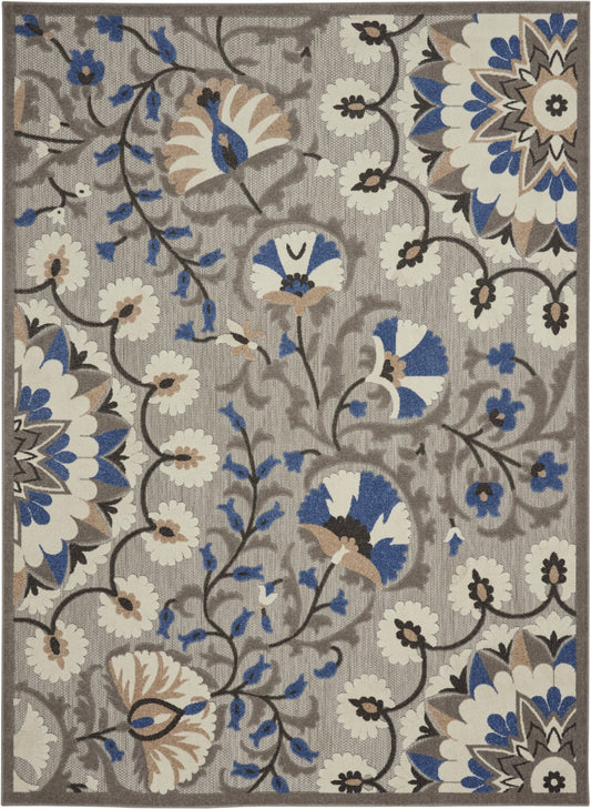 8' X 11' Blue And Gray Floral Indoor Outdoor Area Rug