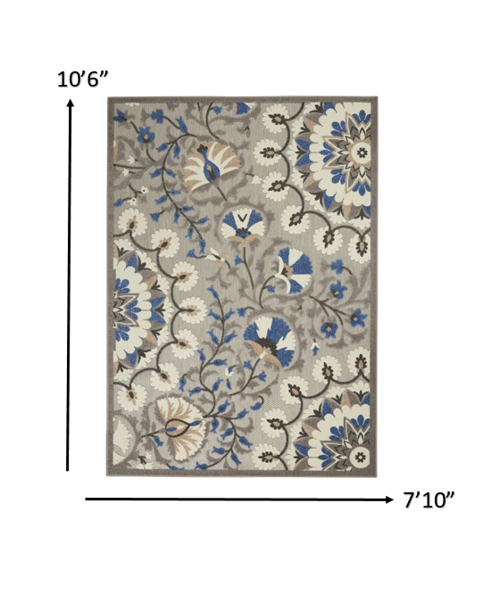 8' X 11' Blue And Gray Floral Indoor Outdoor Area Rug