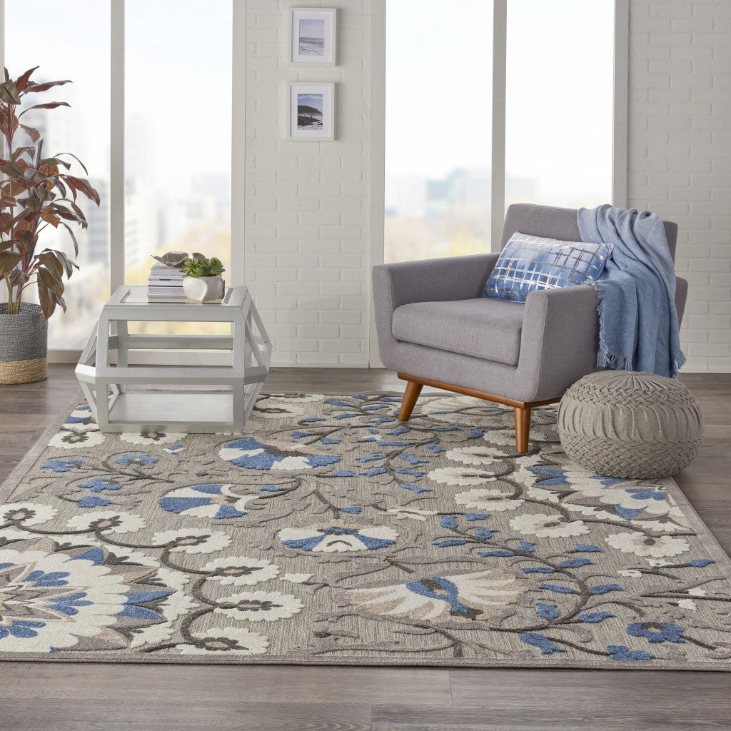 8' X 11' Blue And Gray Floral Indoor Outdoor Area Rug