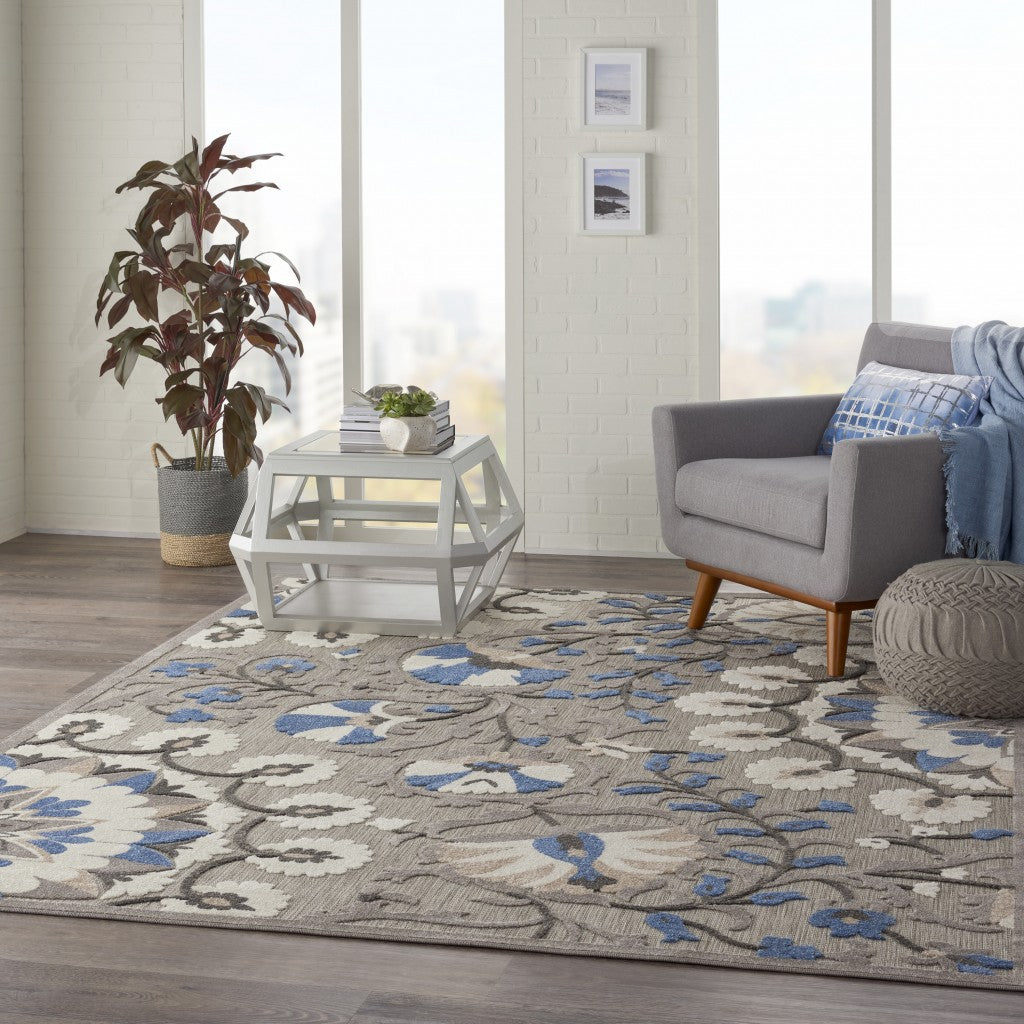 8' X 11' Blue And Gray Floral Indoor Outdoor Area Rug