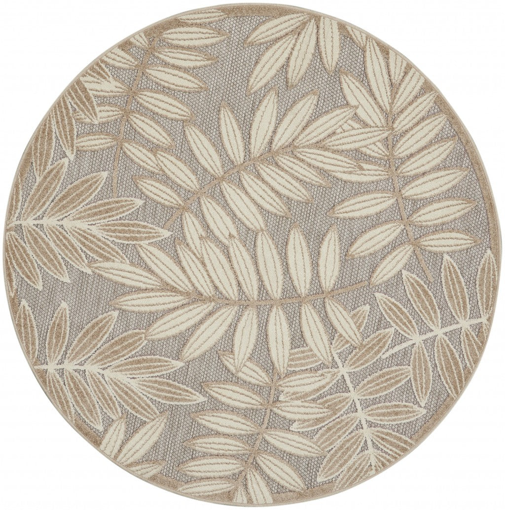 5' Round Gray And Ivory Round Floral Indoor Outdoor Area Rug