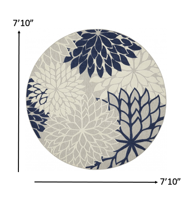 8' Round Ivory And Blue Round Floral Indoor Outdoor Area Rug