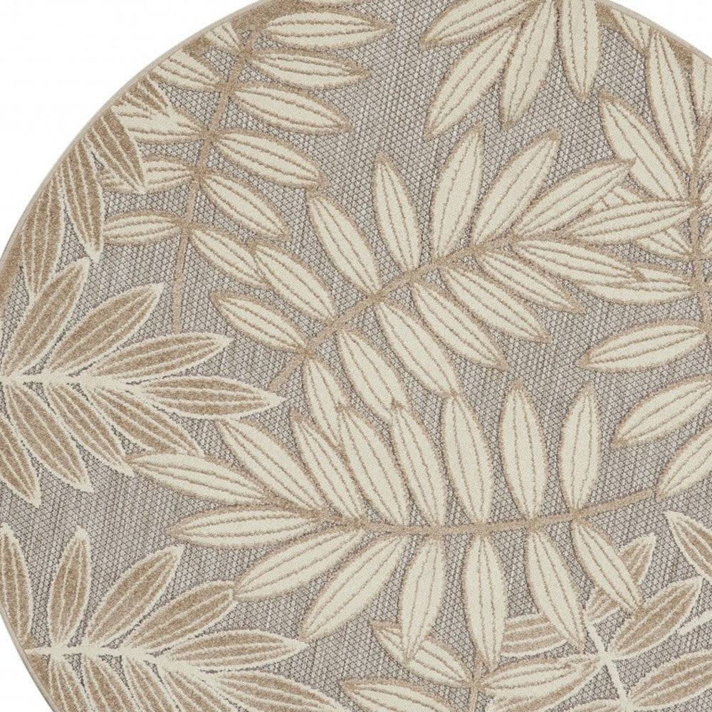 5' Round Gray And Ivory Round Floral Indoor Outdoor Area Rug