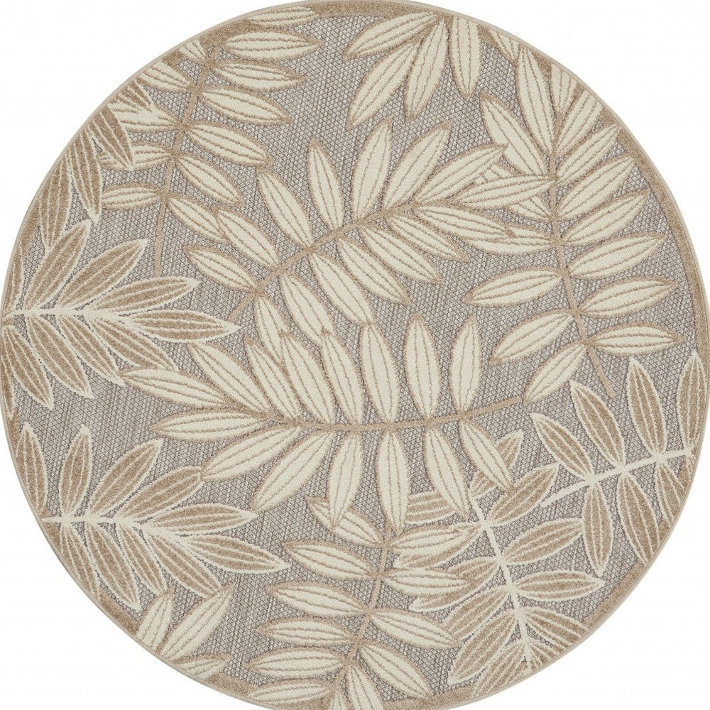 5' Round Gray And Ivory Round Floral Indoor Outdoor Area Rug