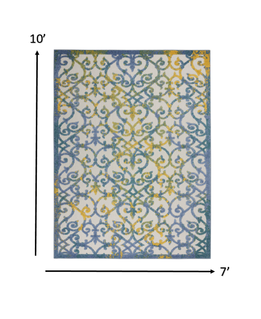 7' X 10' Ivory And Blue Floral Indoor Outdoor Area Rug