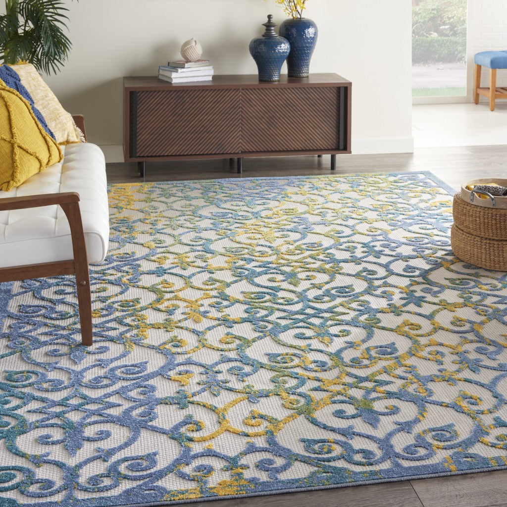 7' X 10' Ivory And Blue Floral Indoor Outdoor Area Rug