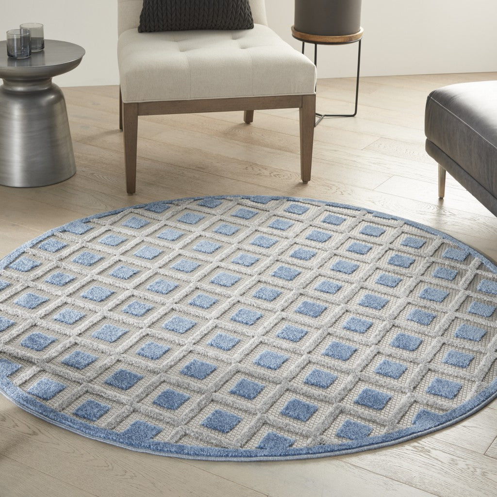 4' Round Blue And Gray Round Geometric Indoor Outdoor Area Rug