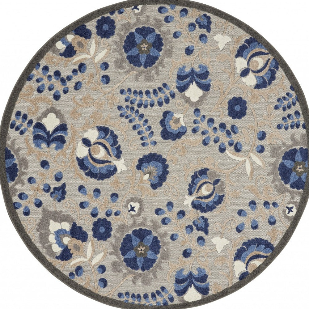 8' Round Blue And Gray Round Floral Indoor Outdoor Area Rug