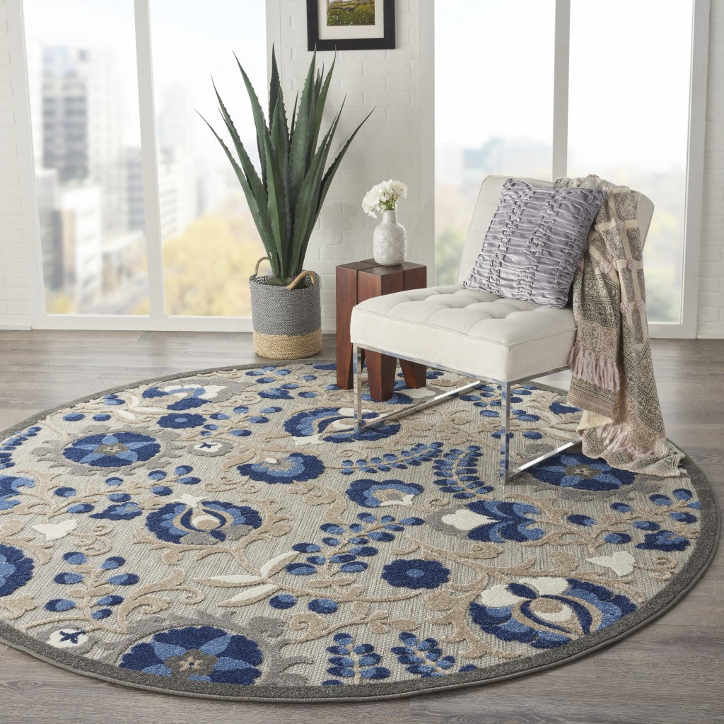 8' Round Blue And Gray Round Floral Indoor Outdoor Area Rug