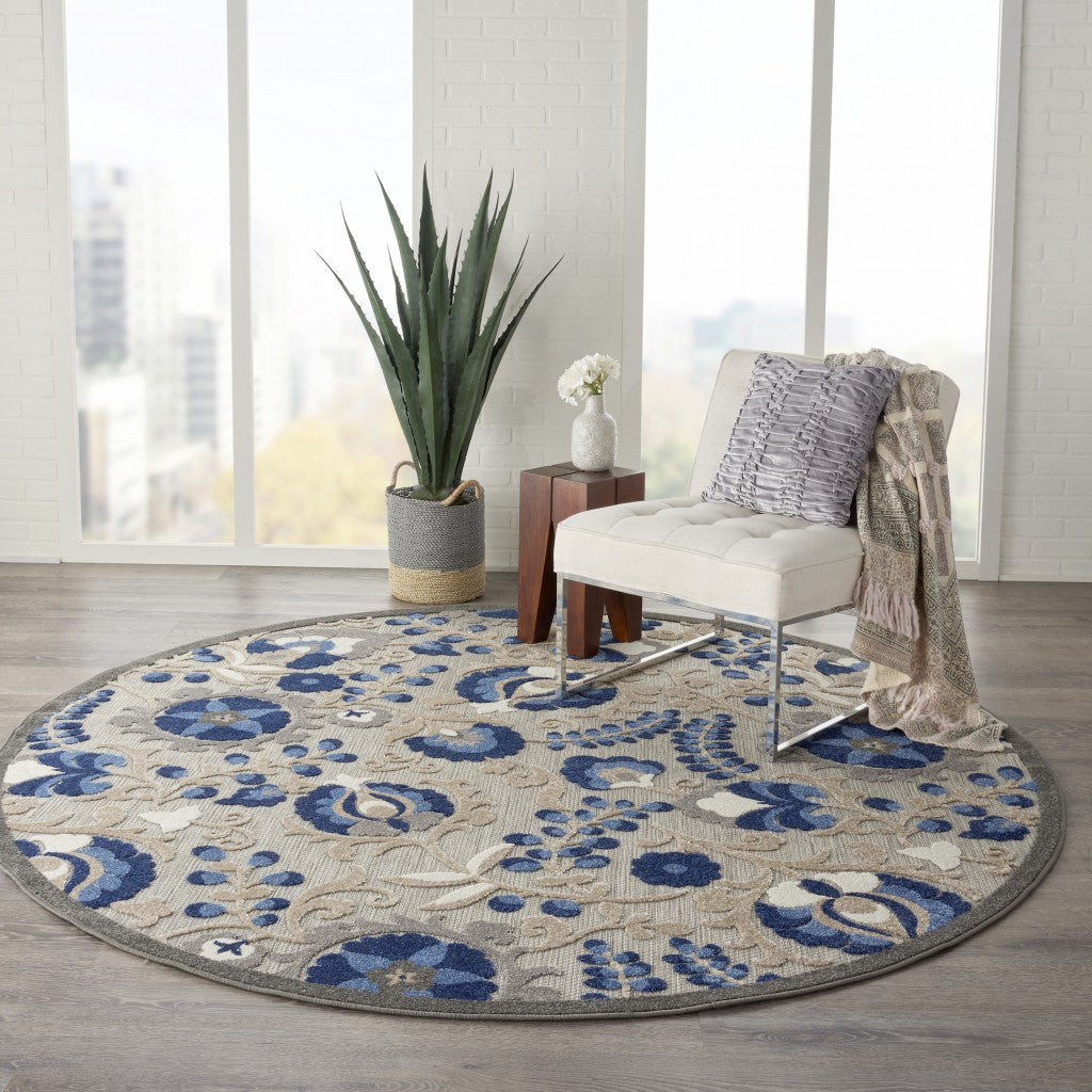 8' Round Blue And Gray Round Floral Indoor Outdoor Area Rug