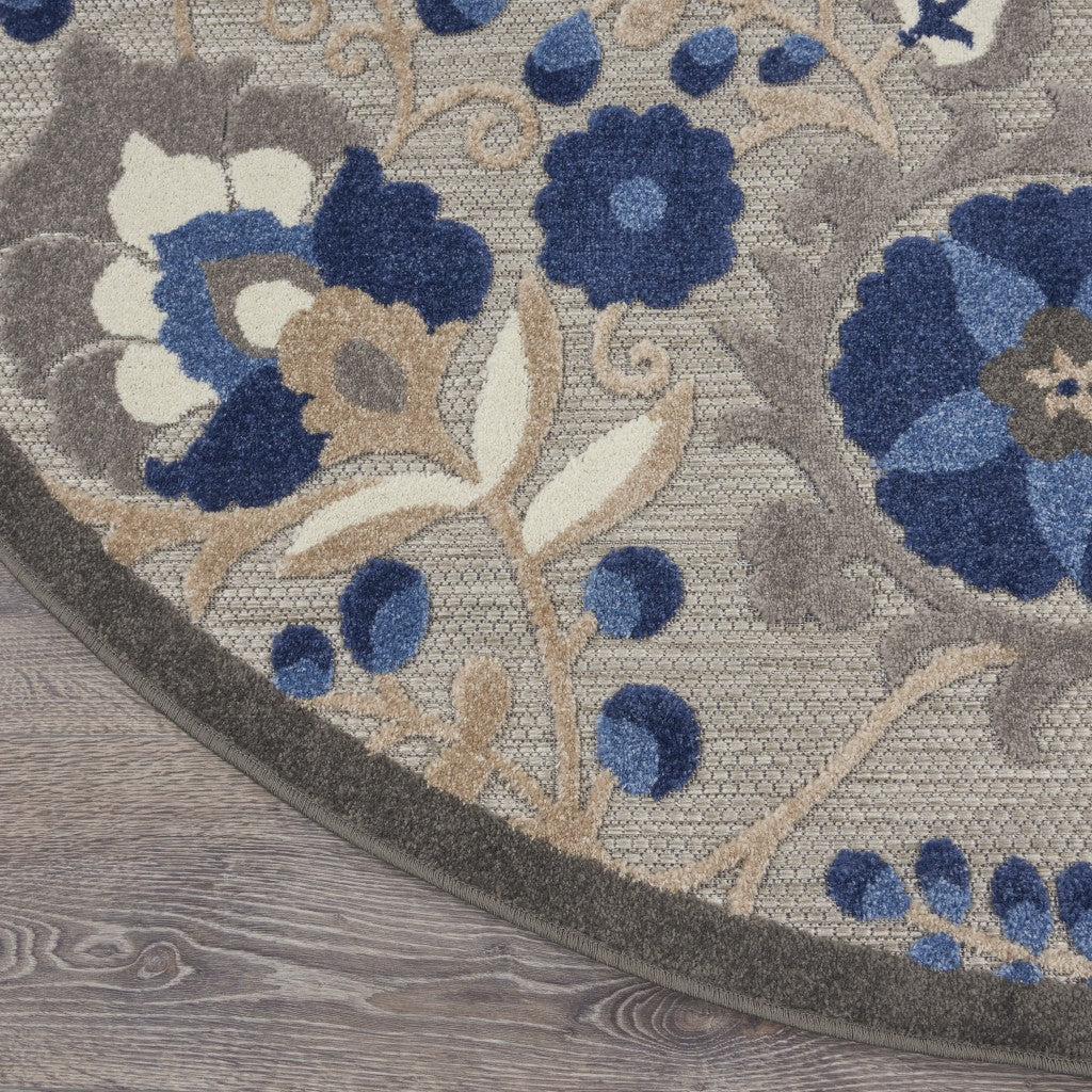 8' Round Blue And Gray Round Floral Indoor Outdoor Area Rug