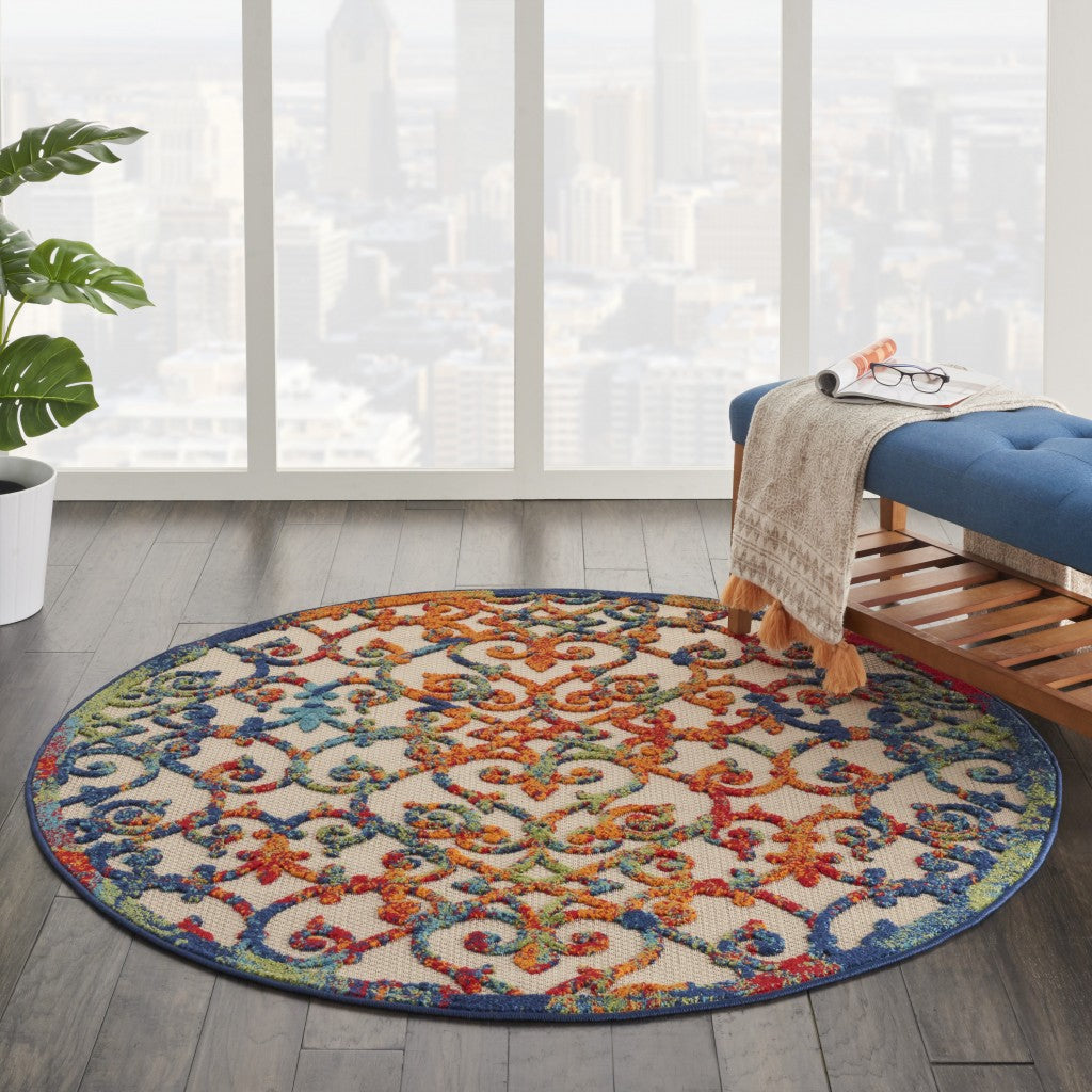 5' Round Ivory And Blue Round Floral Indoor Outdoor Area Rug