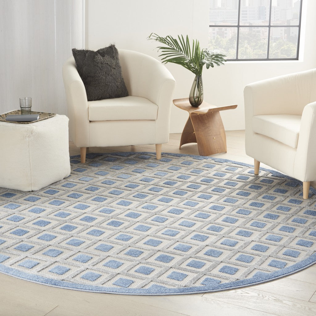 8' Round Blue And Gray Round Geometric Indoor Outdoor Area Rug