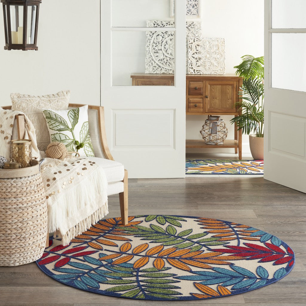 5' Round Ivory And Blue Round Floral Indoor Outdoor Area Rug