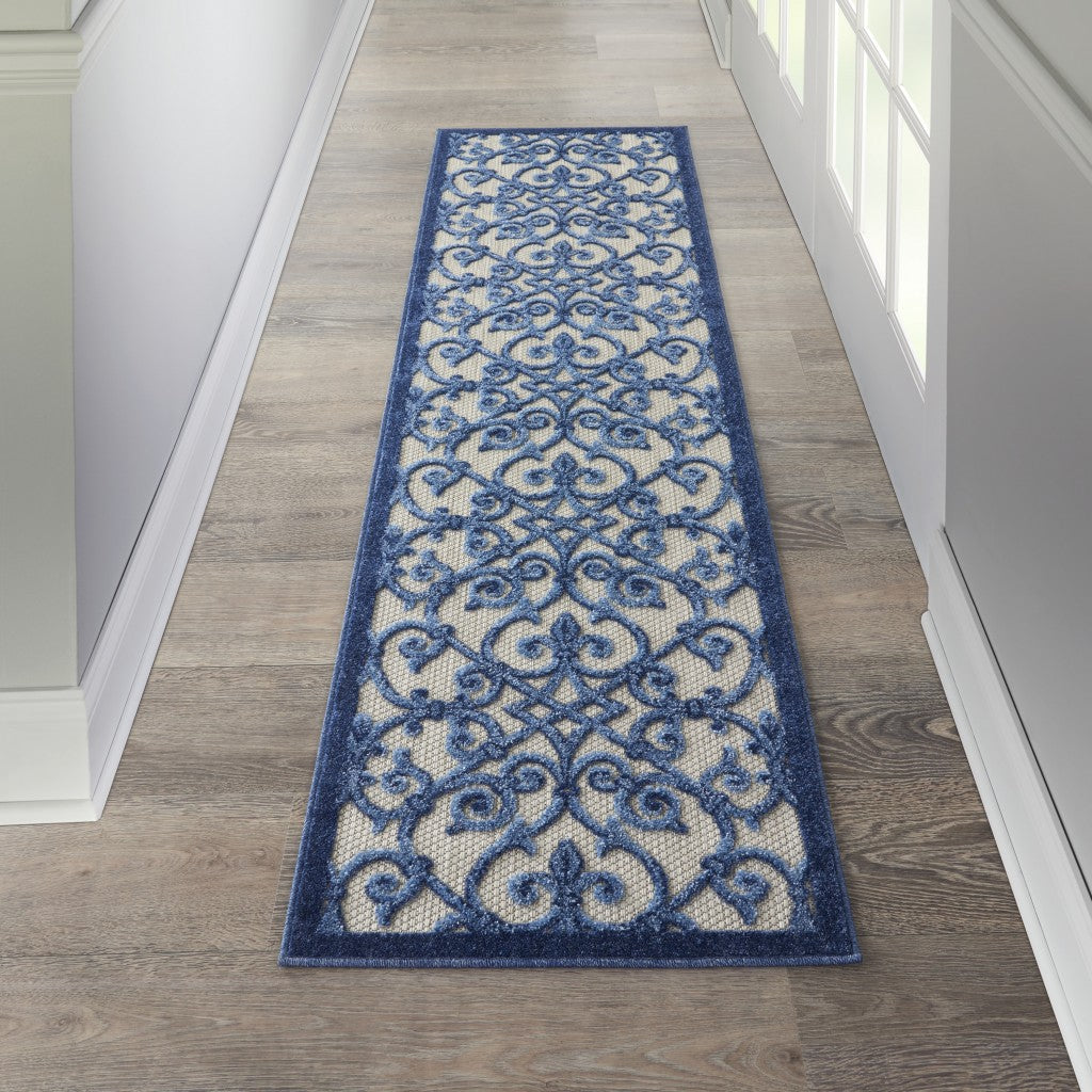 2' X 8' Blue And Gray Floral Indoor Outdoor Area Rug