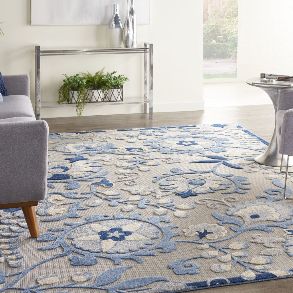 7' X 10' Blue And Gray Floral Indoor Outdoor Area Rug