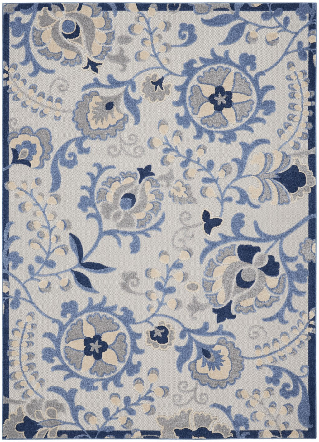 7' X 10' Blue And Gray Floral Indoor Outdoor Area Rug