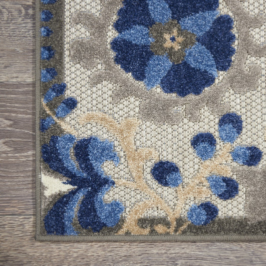 2' X 6' Blue And Gray Floral Indoor Outdoor Area Rug