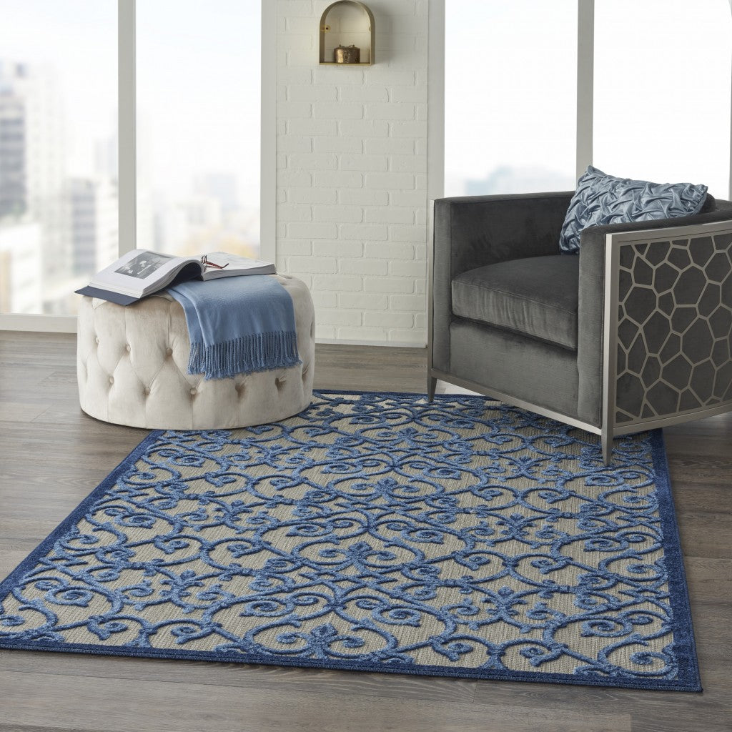 5' X 8' Blue And Gray Floral Indoor Outdoor Area Rug