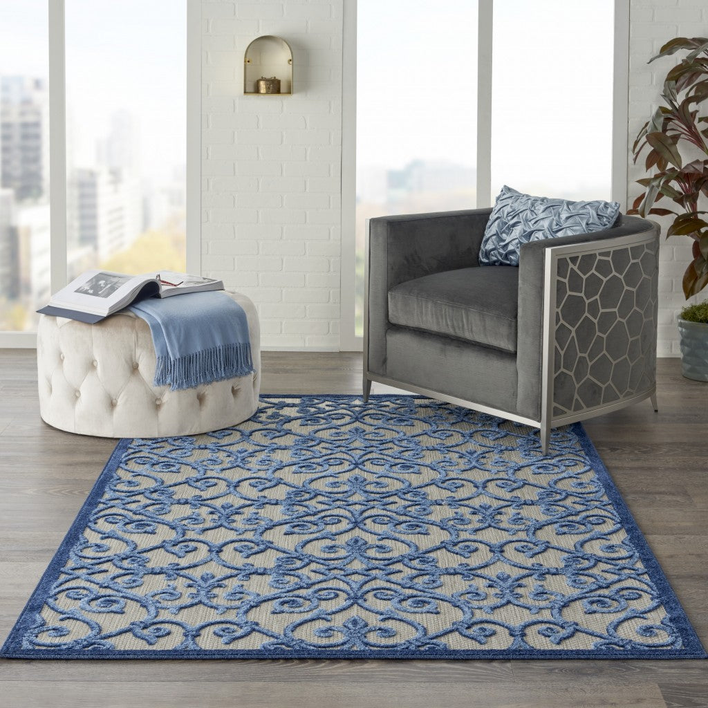 5' X 8' Blue And Gray Floral Indoor Outdoor Area Rug