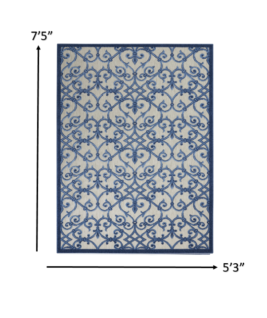 5' X 8' Blue And Gray Floral Indoor Outdoor Area Rug