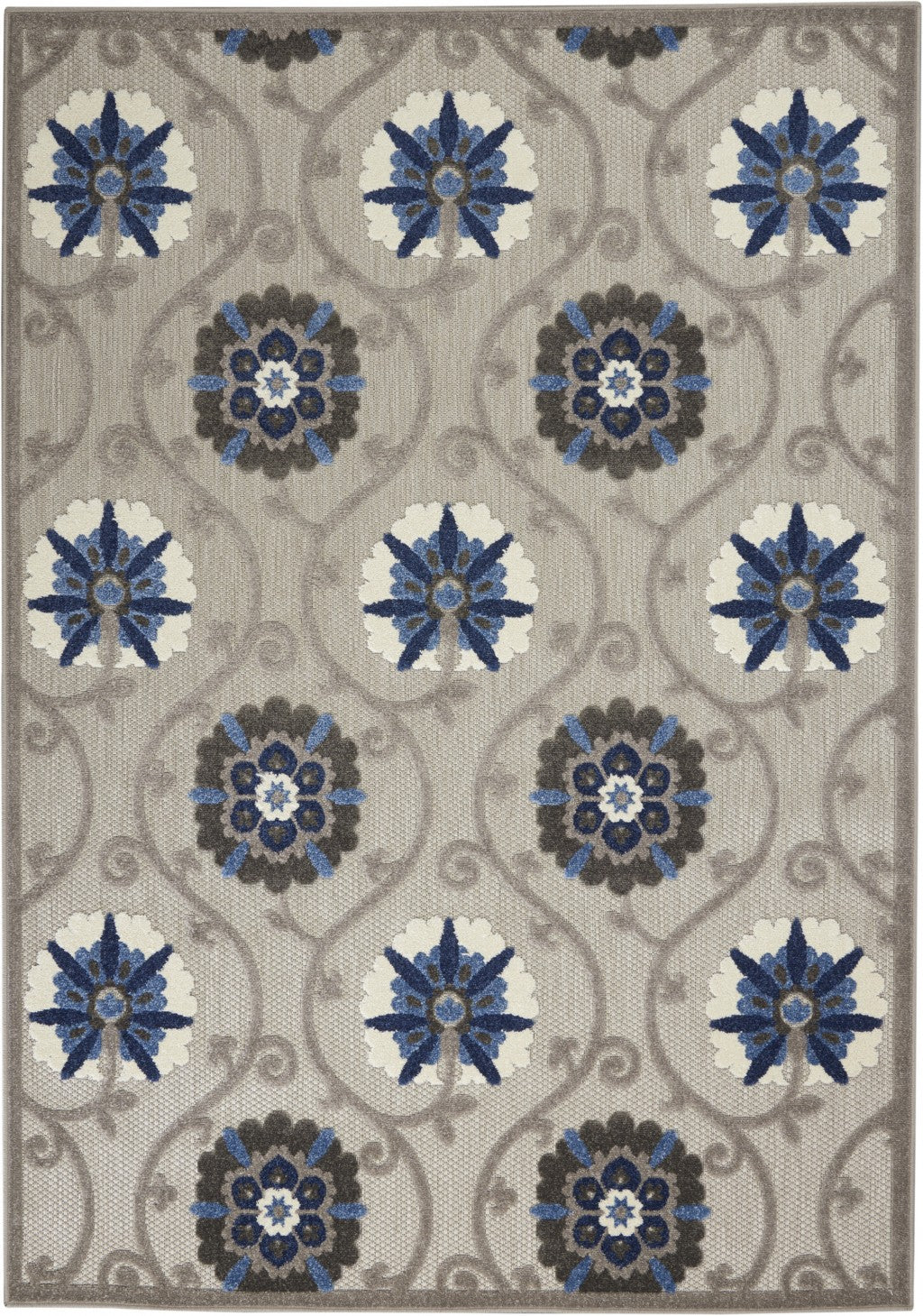 4' X 6' Blue And Gray Floral Indoor Outdoor Area Rug