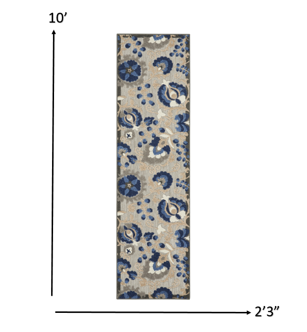 2' X 10' Blue And Gray Floral Indoor Outdoor Area Rug