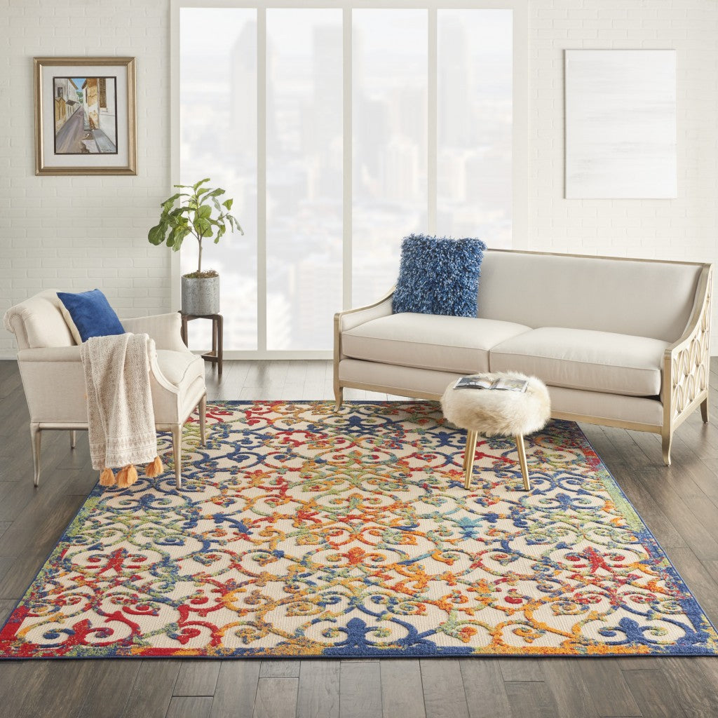 8' X 11' Ivory And Blue Floral Indoor Outdoor Area Rug