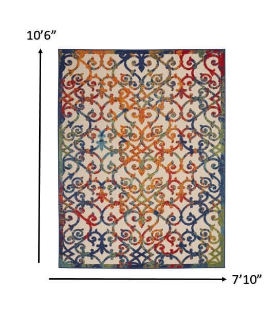 8' X 11' Ivory And Blue Floral Indoor Outdoor Area Rug