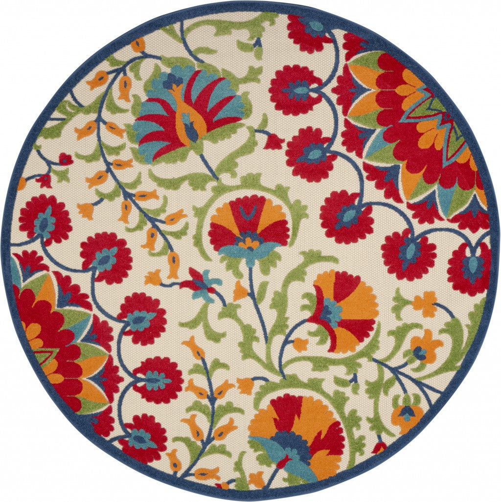 8' Round Red And Ivory Round Floral Indoor Outdoor Area Rug