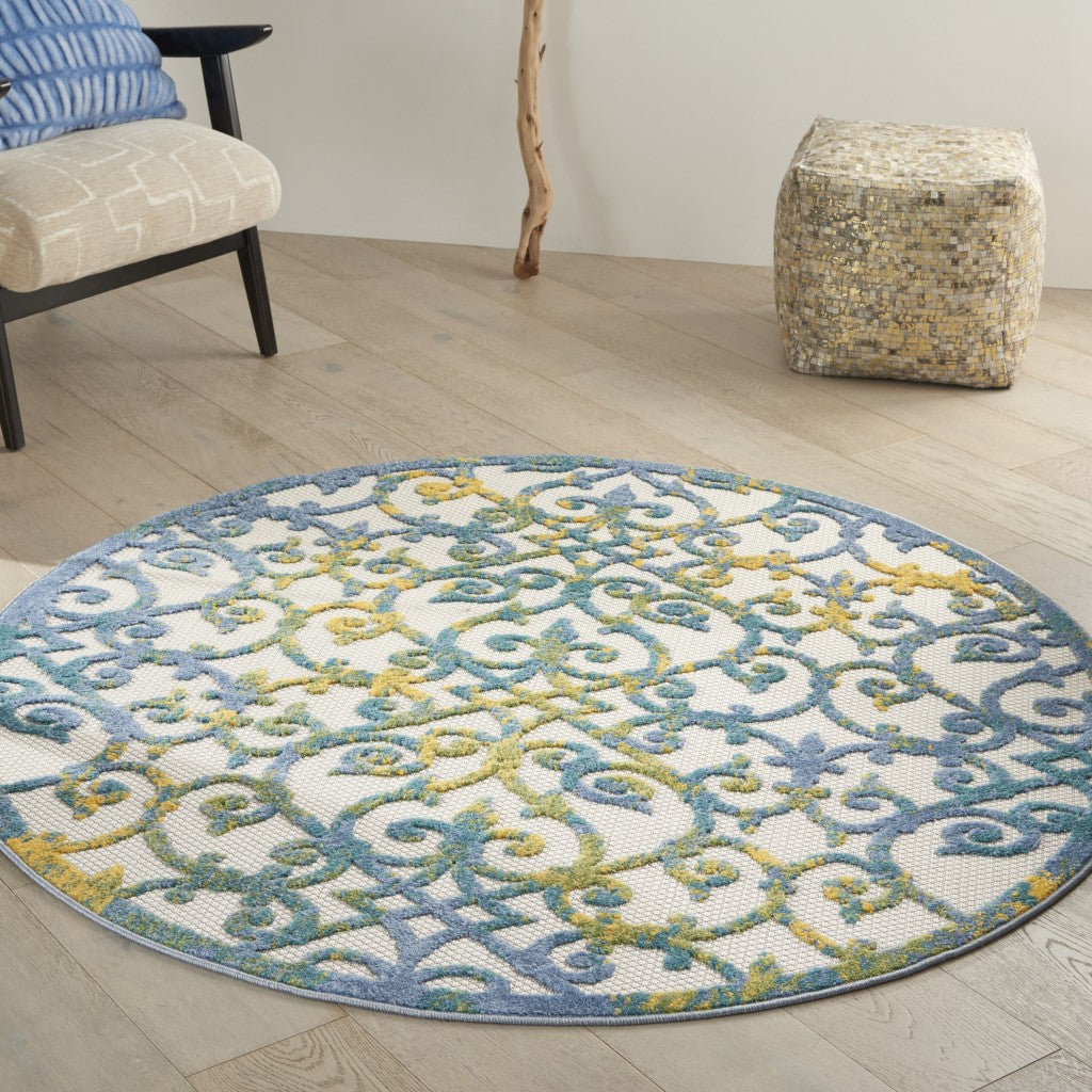 5' Round Ivory And Blue Round Floral Indoor Outdoor Area Rug