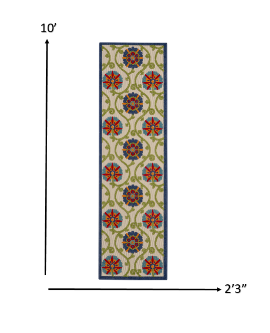 2' X 10' Ivory And Blue Floral Indoor Outdoor Area Rug