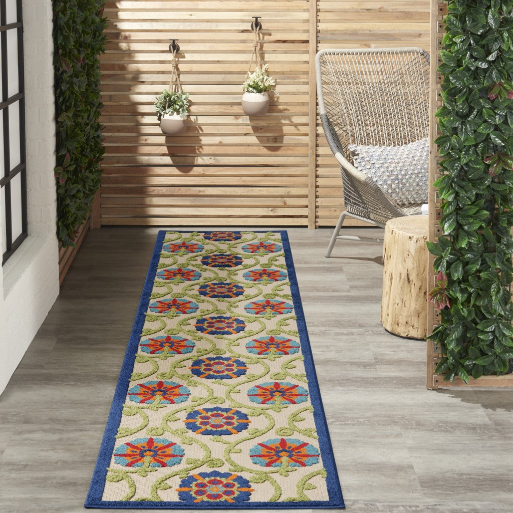 2' X 10' Ivory And Blue Floral Indoor Outdoor Area Rug