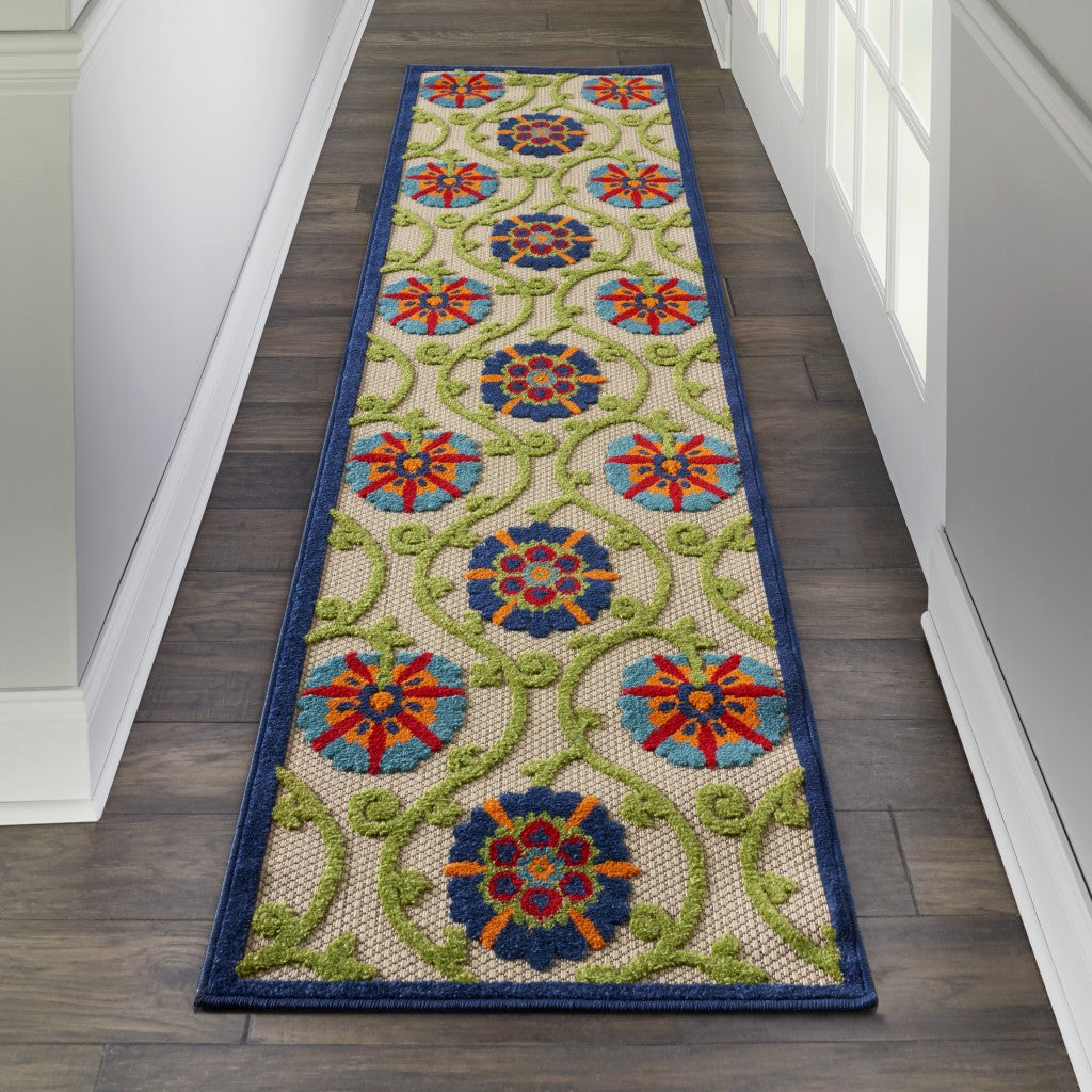 2' X 10' Ivory And Blue Floral Indoor Outdoor Area Rug