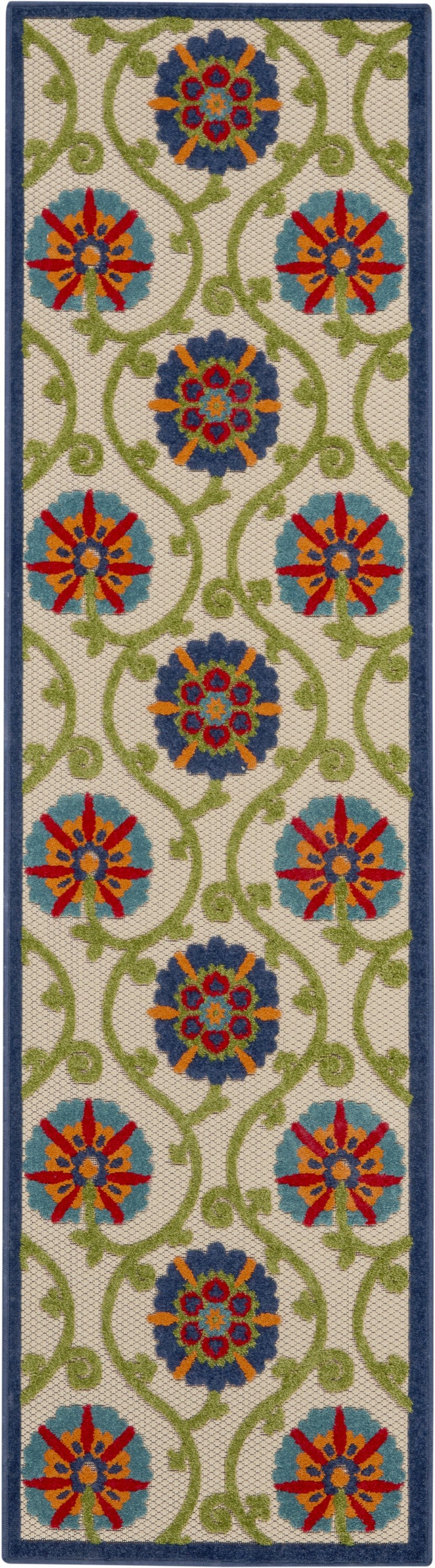 2' X 10' Ivory And Blue Floral Indoor Outdoor Area Rug