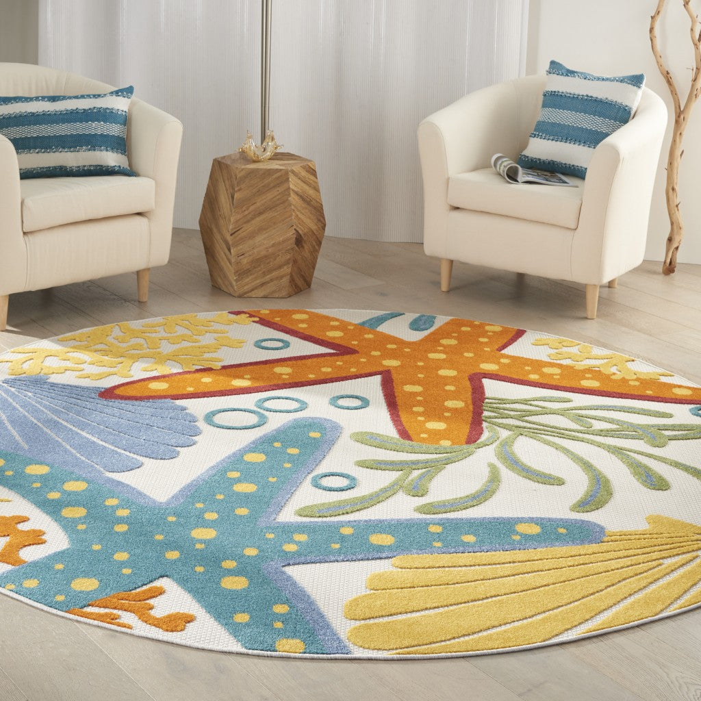 8' Round Yellow And Ivory Round Indoor Outdoor Area Rug