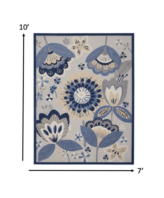 7' X 10' Blue And Gray Floral Indoor Outdoor Area Rug