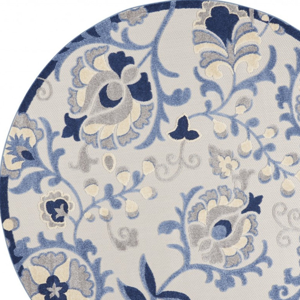 8' Round Blue And Gray Round Floral Indoor Outdoor Area Rug