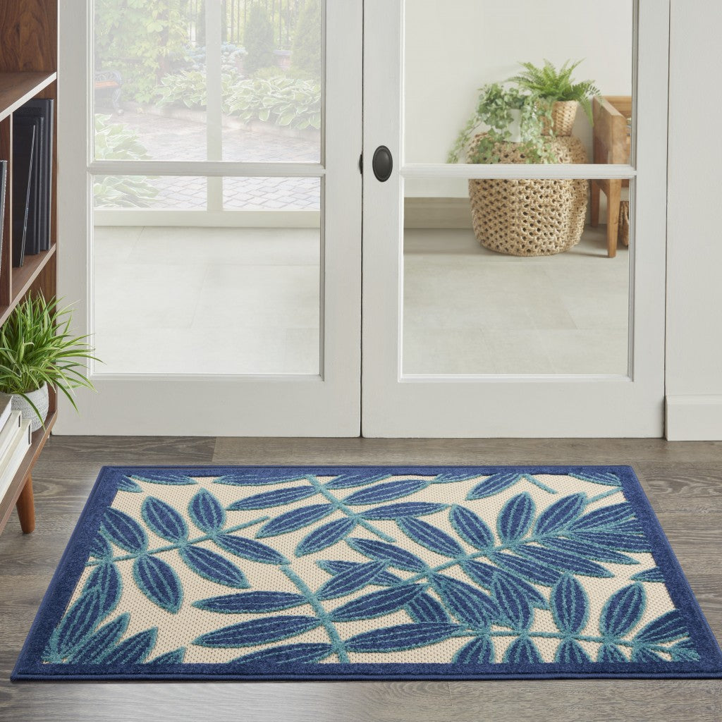 3' X 4' Blue And Ivory Floral Indoor Outdoor Area Rug