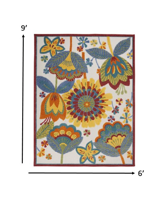 6' X 9' Yellow And Ivory Floral Indoor Outdoor Area Rug