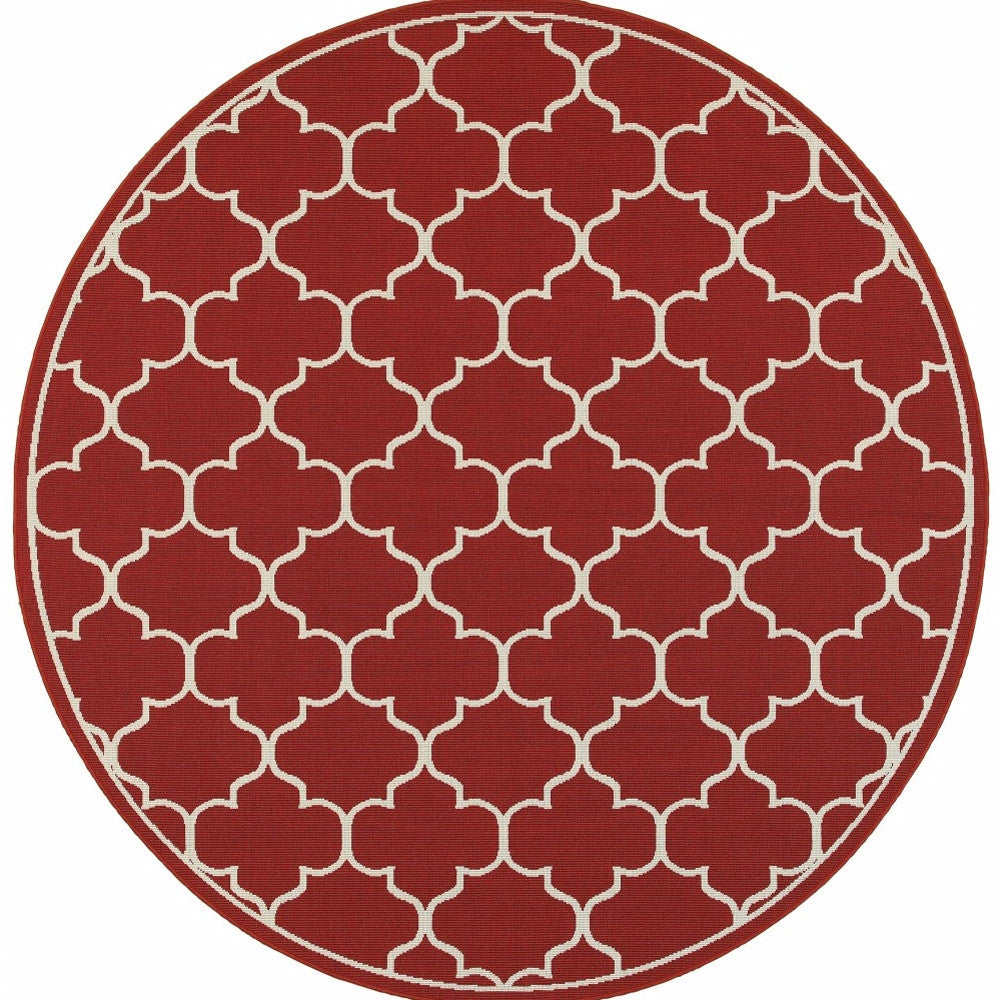 8' x 8' Red and Ivory Round Indoor Outdoor Area Rug