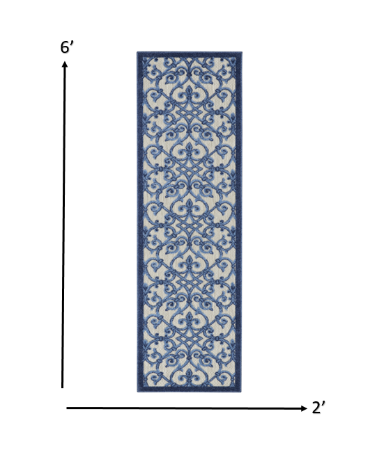 2' X 6' Blue And Gray Floral Indoor Outdoor Area Rug