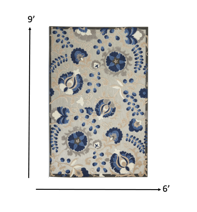 6' X 9' Blue And Gray Floral Indoor Outdoor Area Rug