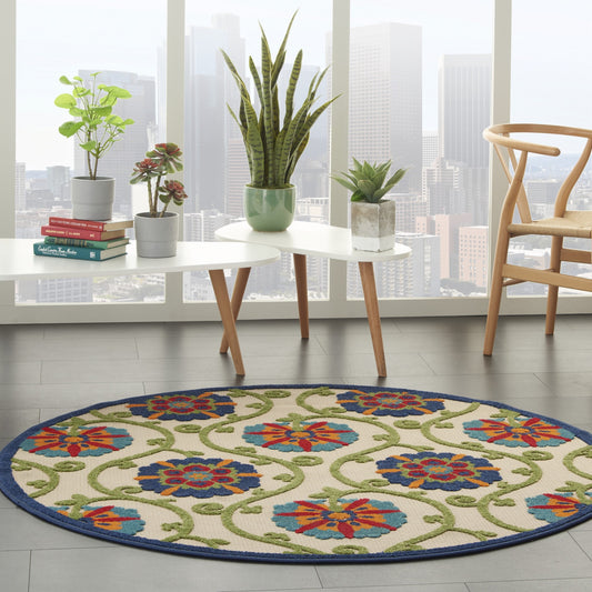 4' Round Ivory And Blue Round Floral Indoor Outdoor Area Rug