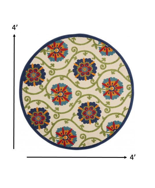 4' Round Ivory And Blue Round Floral Indoor Outdoor Area Rug