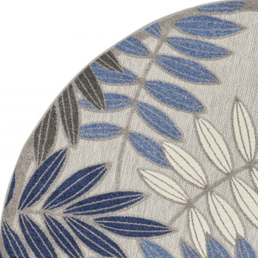 8' Round Blue And Gray Round Floral Indoor Outdoor Area Rug