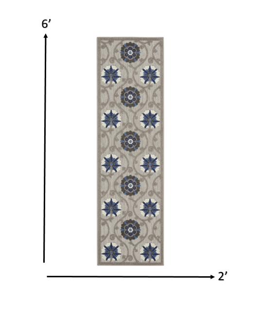 2' X 6' Blue And Gray Floral Indoor Outdoor Area Rug